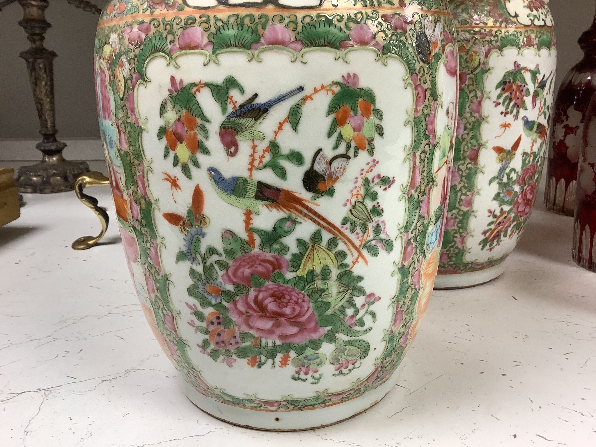 A pair of 19th century Chinese famille rose vases, height 36cm